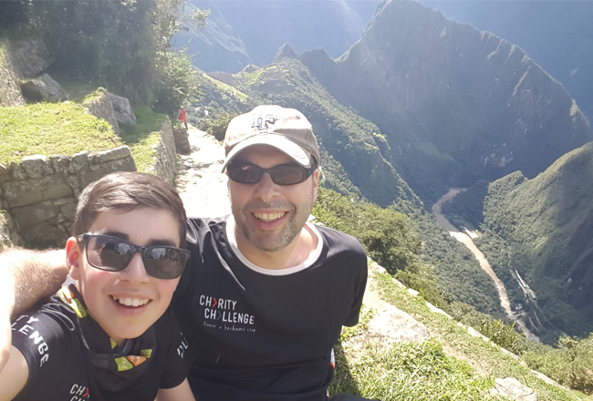 Charity Challenge founder, Simon Albert, and his son on a challenge to Machu Picchu, Peru