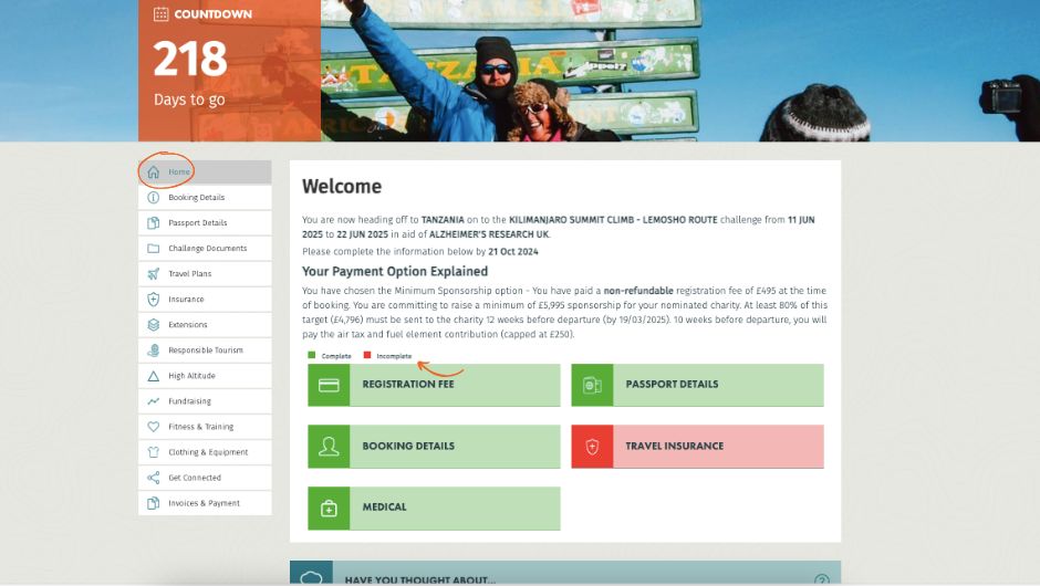 charity challenge participant account area screenshot