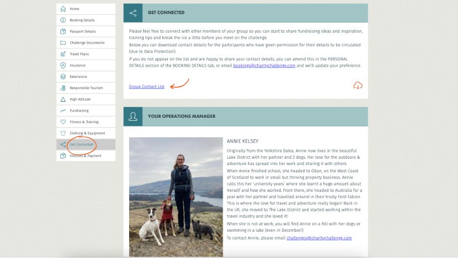 charity challenge participant account area screenshot
