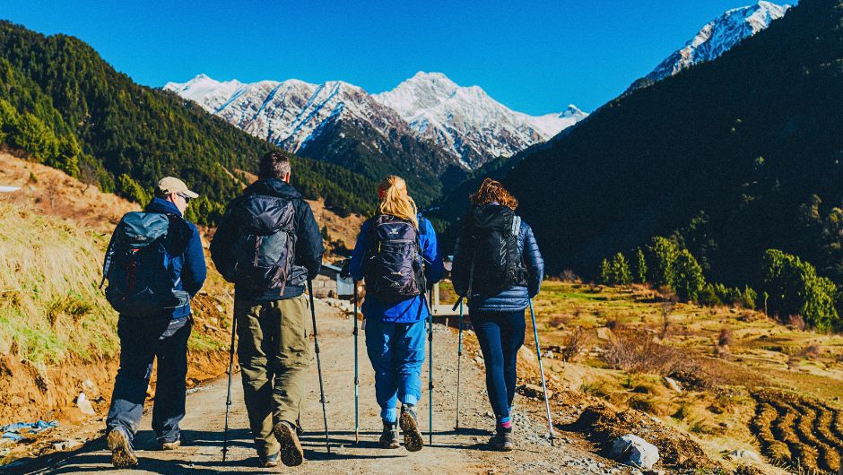 A group of trekkers in the foothill of the Indian Himalayas, with snow capped mountains in the distance
