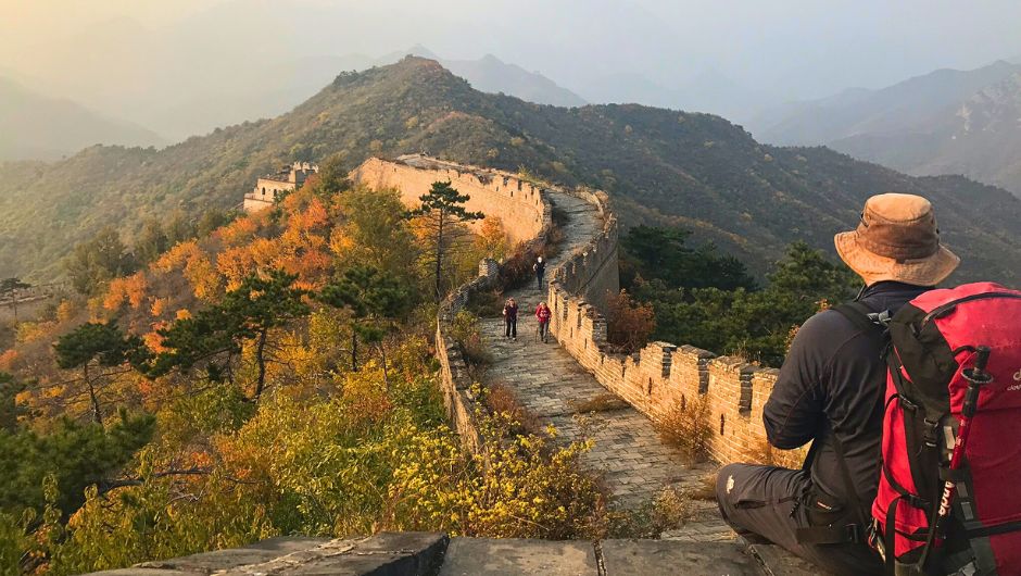 A trekker admiring  the view of the Great wall of China 