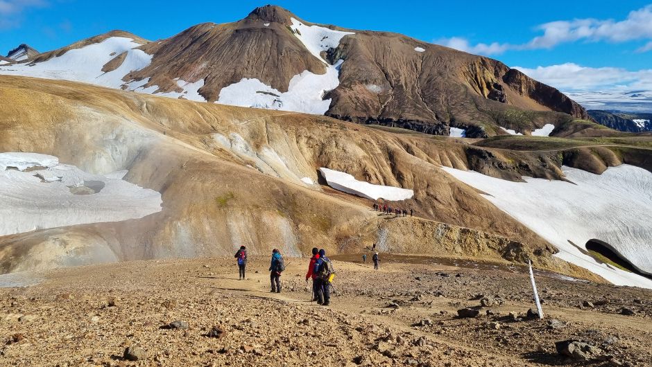 A group of trekkers walking through Iceland