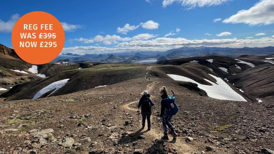 Adventurers trekking the Landmannalaugar in the Icelandic Highlands