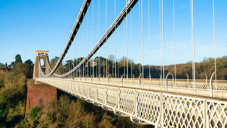 Historic Bristol bridge on a sunny clear day with blue skies