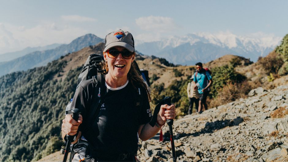 Trekker wearing sun hat on Dalai lama Himalayan trek