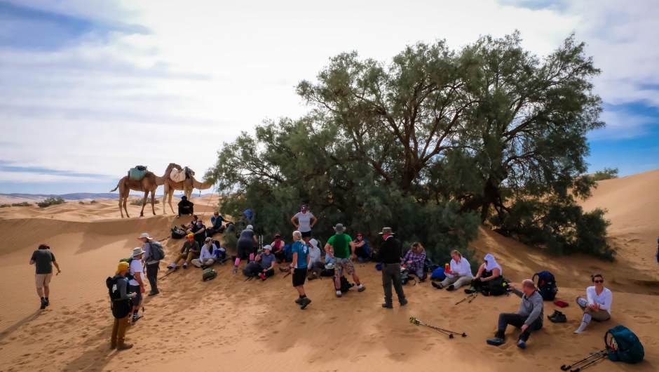 Sahara Desert Trekkers resting under shade to reduce trekking fatigue and heat exhaustion