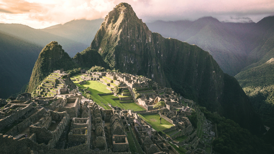 The site of Machu Picchu at sunrise.