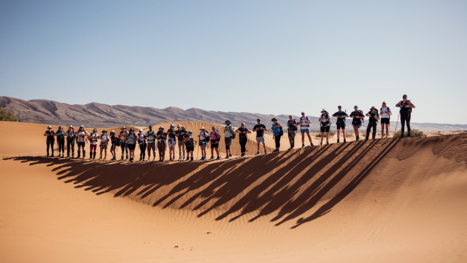 A line of people stood on top of a small sand dune in the Sahara Desert, with their shadows leading out across the sand.