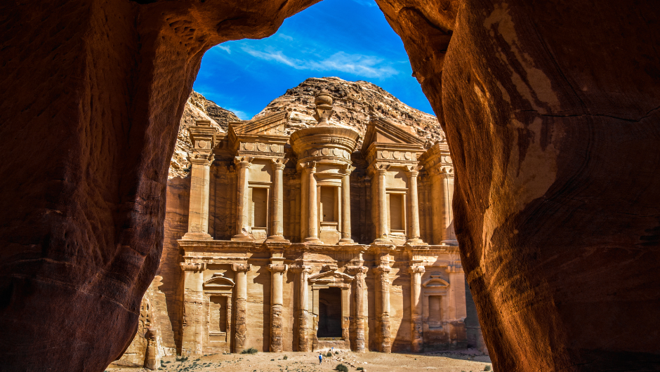 A view of Petra in Jordan, from inside a chasm that leads out to the site.