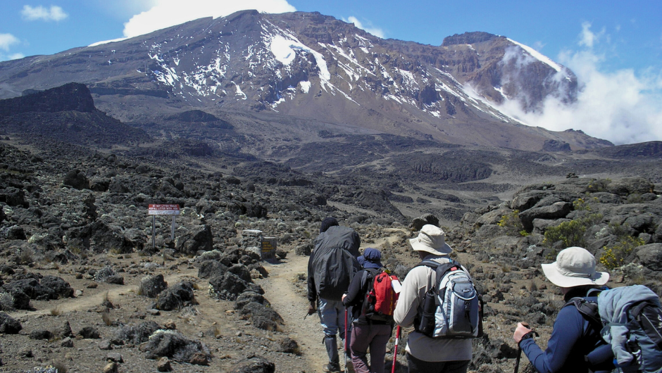A line of hikers heading towards Mount Kilimanjaro, on the Kilimanjaro Summit Climb Lemosho Route challenge.