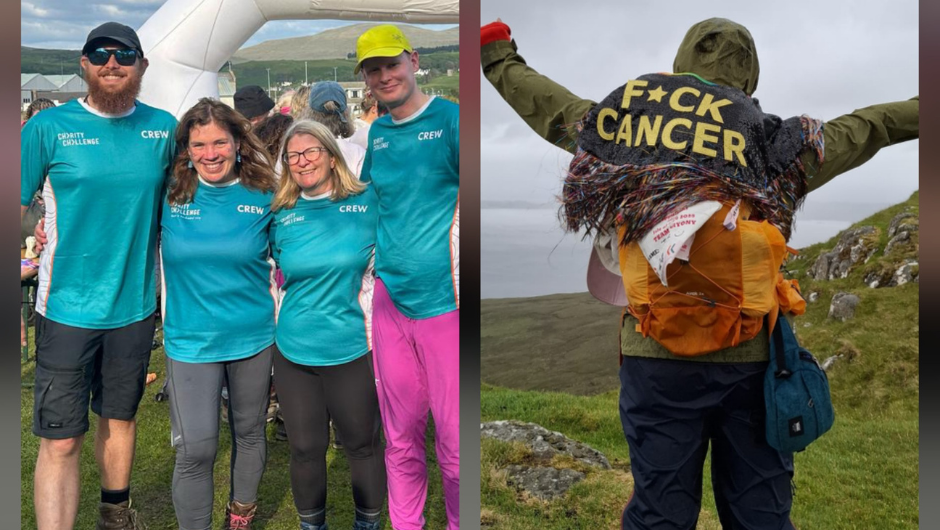 A group of four Charity Challenge crew members smiling together at an outdoor event. Beside them, a trekker stands on a hillside with arms raised, wearing a backpack and a scarf that reads “F*CK CANCER,” overlooking a coastal landscape in the Isle of Skye.