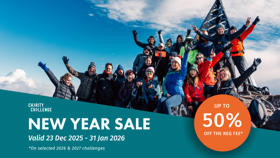 Group of cheerful hikers celebrating at the summit of Mount Toubkal under a blue sky. Additional text is promoting Charity Challenge's 2026 new year sale .