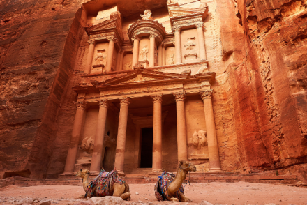 The iconic Treasury of Petra in Jordan, carved into rose-red rock cliffs, with two camels resting in the foreground. A stunning view of this ancient archaeological wonder.