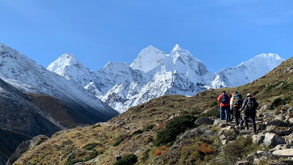 A group of trekkers walking up a green, rocky mountain slope, with snowy Himalayan peaks in the background.