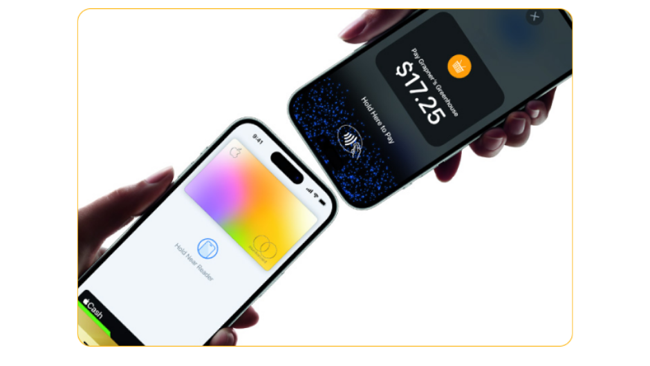 Two smartphones held close together showing a contactless payment in progress, with one phone displaying a digital card and the other showing a payment confirmation of $17.25.