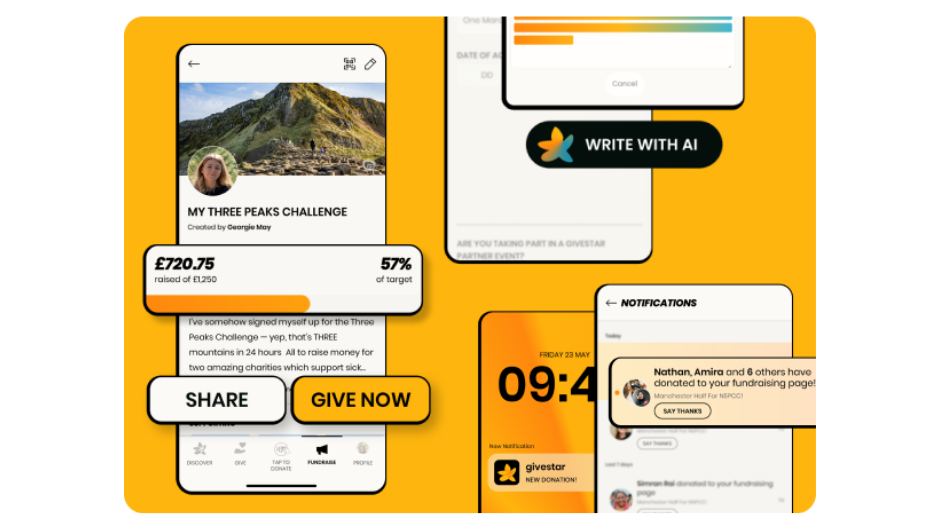 Mobile app screens promoting a fundraising challenge, showing a campaign page with £720.75 raised (57% of target), “Share” and “Give Now” buttons, AI writing feature, notifications of donations, and a bright yellow background.