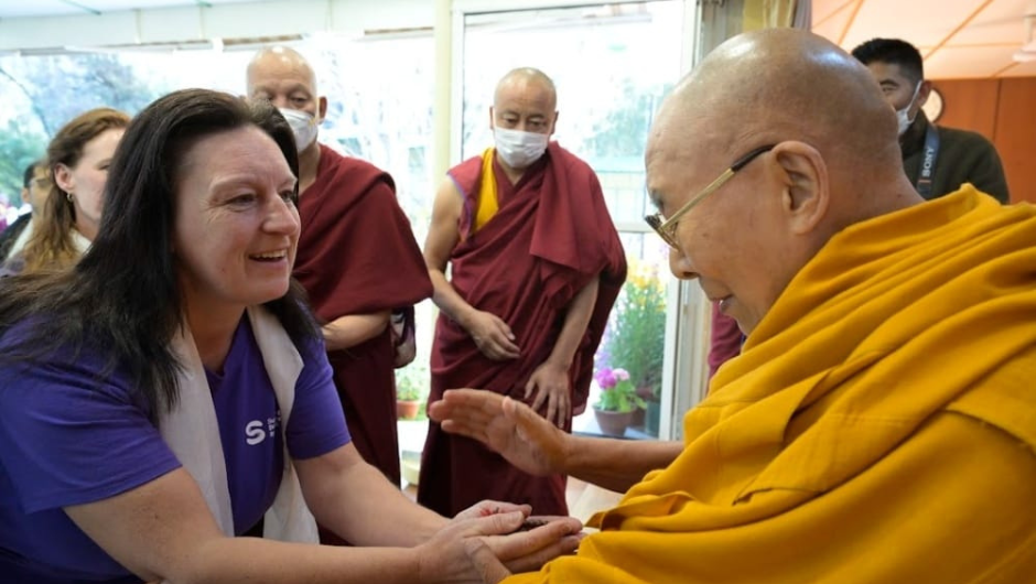 Sharon Myers meeting his holiness the Dalai Lama during her Dalai Lama Himalayan Trek with Charity Challenge.