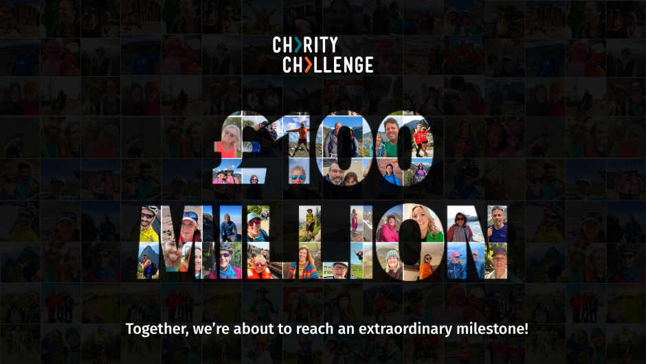 Charity Challenge £100 million fundraising milestone graphic with participant photos forming the words '100 Million'
