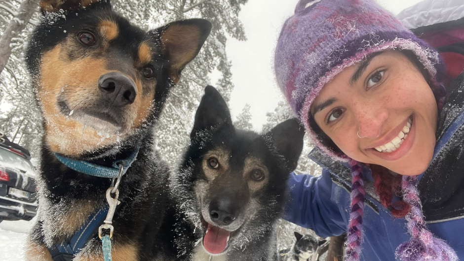 A person smiling for a selfie with two husky sledding dogs on the dog sledding challenge.