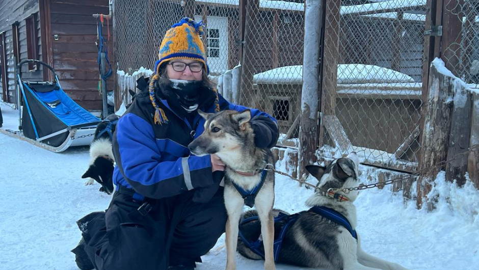 A dog sledding challenge participant stroking a husky dog outside their kennel, in swedish lapland.