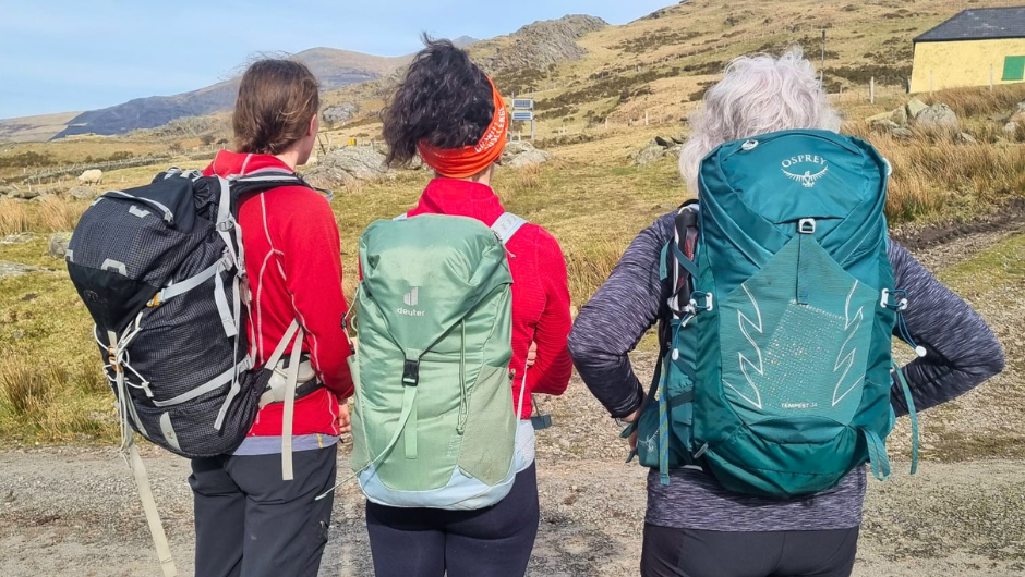 Three people wearing full daypacks, looking out at a view during their trek.